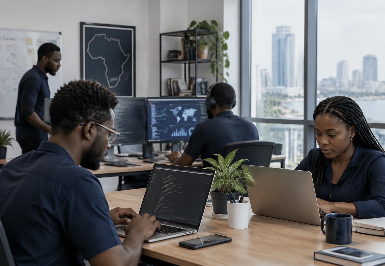 A technology-driven African startup team working in a modern office