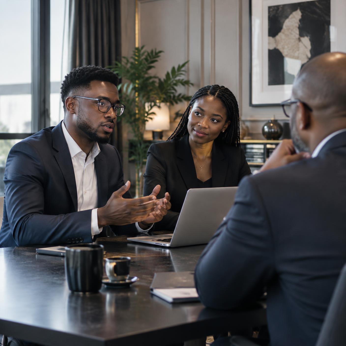 Technology startup founders in conversation with an investor